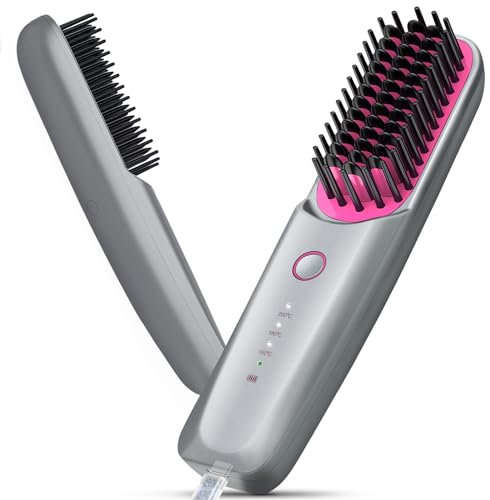 AKOFIC Spazzola Lisciante per Capelli Senza Fili, Mini Portatile Spazzola Lisciante da Viaggio, 6400 mAh Ricaricabile Pettine Riscaldata Lisciante a Ioni Negativi, Antiscottatura, 3 Temperatura