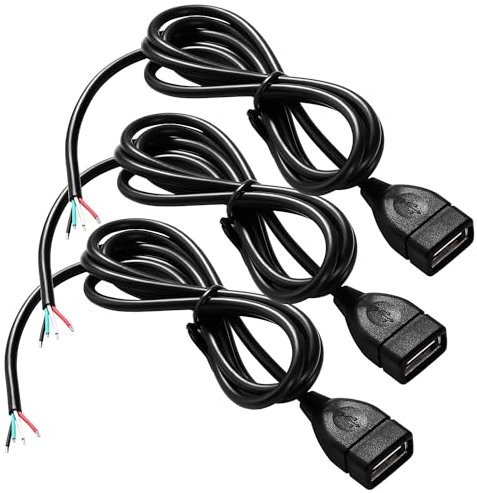 KUOQIY 3 Pezzi USB-A Femmina 4 Pin Filo Nudo, 1m 22AWG USB 2.0 Femmina Spina 4pin Filo DIY Pigtail Cavo di Alimentazione, per Apparecchiature USB Installato
