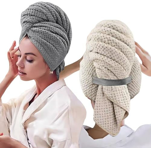 GOEDCH 100 x 60 cm Mikrofaser Handtuch Haare Turban: 2 Stück Premium Haarturban mit Elastischem Band, Schnell Trocknend Super Saugfähig Haar Handtuch, Groß Kinderhandtuch Badetuch, für Damen Kinder