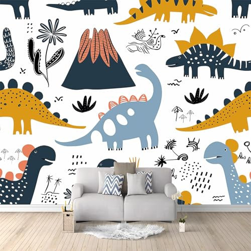 Papier Peint Intissé Dinosaures Volcan Scandinave Poster Tableaux Photo Blanc Muraux Utilisé Pour Salon Chambre Chambre D'Enfant Décoration Murale 200 x 140 cm