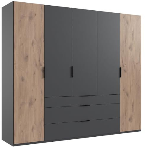 Lomadox Kleiderschrank 250 cm breit Garderobenschrank Schlafzimmerschrank Wardrobe Drehtürenschrank modern in Eiche mit grau