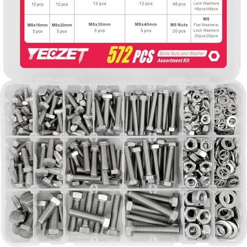 YEEZET 572pcs M5 M6 M8 Schrauben und Muttern Kit, 304 Edelstahl Metric Heavy Duty Sechskantschrauben Sortiment Set, 13 Größen, Länge Von 10-40mm