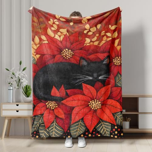 Weihnachtsdecke mit Katzenmotiv, Weihnachtsdekoration, rote Weihnachtsdekoration, weiche Flanell-Decke für Sofa, Bett, alle Jahreszeiten, 40 x 50 cm