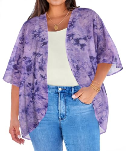 Kimonos in Übergröße für Damen, Badeanzug, lässig, lockere Strickjacke, Sommer-Top, Bademode, Krawattenfarbe Violett, 6X-Large