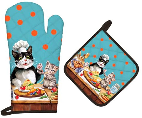 Arquiel Cute Cat Oven Mitts and Pot Holders -100% Cotton, Heat Resistant Extra Long Oven Gloves & Hot Pads for Cooking BBQ Grilling Baking Gift, Set of 2