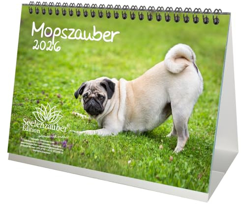 Mopszauber DIN A5 Tischkalender für 2026 Mops Hunde und Welpen - Geschenkset Inhalt: 1x Kalender, 1x Weihnachtsanhänger (insgesamt 2 Teile)