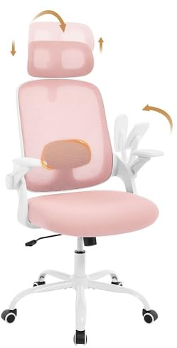 WOLTU Sedia Ufficio Ergonomica con Poggiatesta e Braccioli Regolabili, Supporto Lombare, Poltrona Scrivania Girevole in Rete Traspirante Funzione Dondolo, Rosa