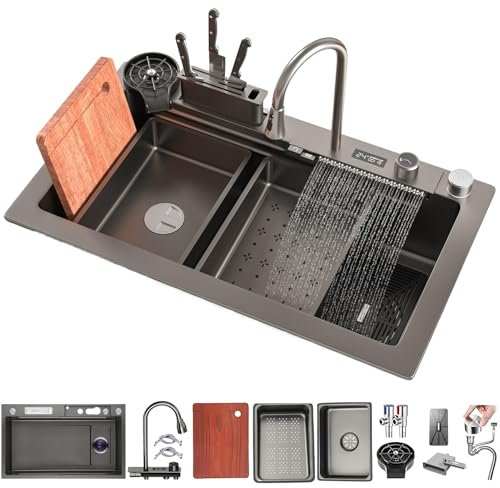 Fregadero De Cocina De Acero Inoxidable Con Grifo De Cascada Digital – Fregadero De Una Sola Cubeta De Montaje Superior, Grifo Extraíble Multifuncional, Dispensador De Jabón Y Juego(Black-Grey#1,70x45