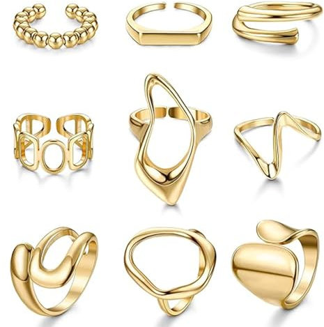 JSTHHTT 9 Piezas Anillo Mujer Oro, Anillos Mujer Gruesos Oro, Juego De anillos De Dedo Vintage, Joyas Apilables, anillos Abierto Ajustable, para Mujeres, Niñas
