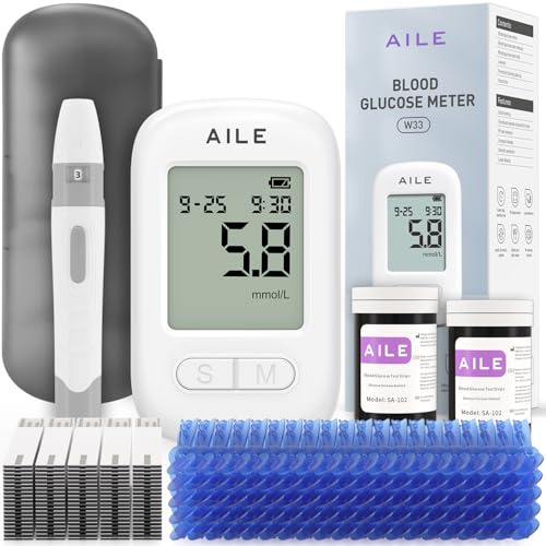 AILE Blood Sugar Monitor, Blood Glucose Test Kit for Diabetes, 50 Set | W33 Blood Sugar Test Kit, 99 Memory, 0.7ul Blood Sample, Fast 5S Reading, No Coding, Home Use or Travel, Out of the Box