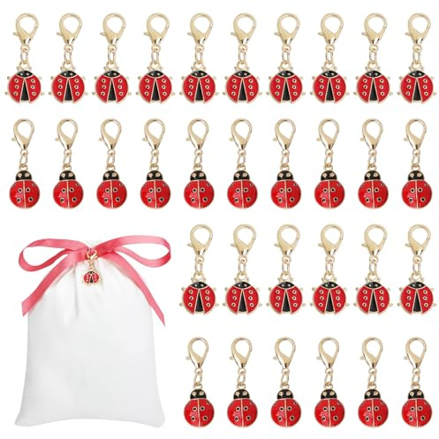 XRVRILE 32 Stück ladybug Marienkäfer Schlüsselanhänger Mini Glücksbringer mit Baumwollbeutel, 2 Designs Ladybug Deko Anhänger Klein für Weihnachten, Silvester, adventskalender