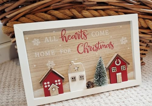 Decsee Décoration murale de Noël, scène de maison en bois avec arbre, panneau « All Hearts Come Home », cadre blanc