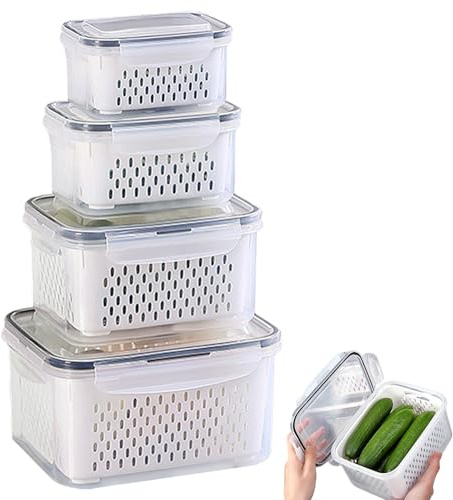 AXVRAV Kühlschrank Organizer 4er Set – Frischhaltedosen mit Deckel & Siebeinsatz (380+800+1700+3150ml) – Stapelbare Frischhalteboxen für Obst Gemüse Salat & Beeren