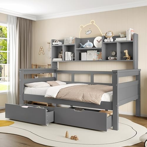 Merax 3ft Kids Single Beds with Storage, Children's Bed with Bookcase, Wooden Bed Frame with Drawers and Guardrail, Wooden Slats, 90x190 cm, Grey (No Mattress)