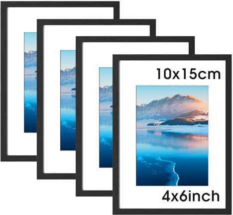 DTXDTech Bilderrahmen 10x15 cm 4 Stück, 4x6 Zoll Schwarzer Holz Fotorahmen, Bilderrahmen mit Passepartout (8.9x12.7 cm Ausschnitt), Zertifikatrahmen für Wandhalterung, Tischdekoration Schwarzer