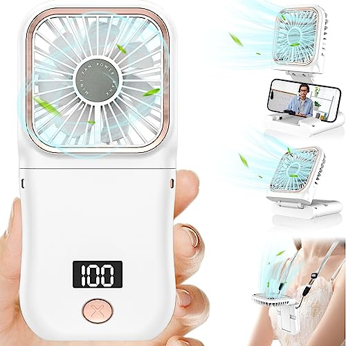 DDKJ Handheld Fan Rechargeable,3 Speeds,4000mAh Battery,LED Display,180°Foldable 4-in-1 Portable Wearable Desktop,Small Hand Fans-for Travel,Outdoor,Sports,Holiday,Gifts for Women Kids Men