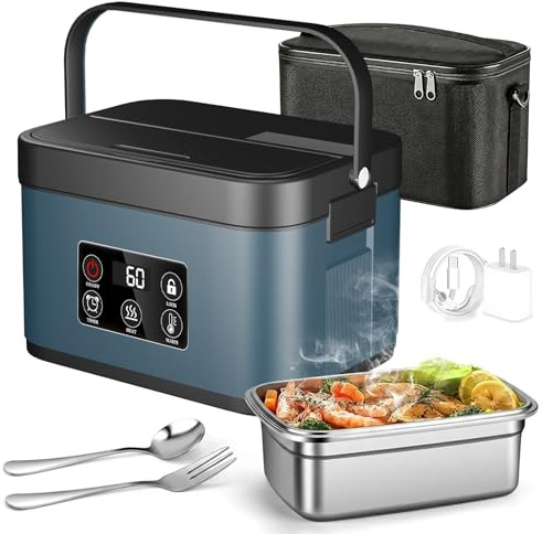 1.5L Lunch Box Chauffante Electrique, Rechargeable Gamelle Chauffante Chauffe-Repas Auto-Chauffant Boite Repas Isotherme pour le Travail Voyage de Voiture de Bureau
