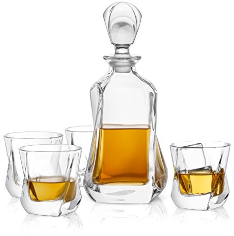 JoyJolt Aurora 5-Piece Crystal Whiskey Decanter Set,100% Crystal Bar Set, Crystal Decanter Set Comes With A Scotch Decanter-25.3 Ounces And A Set Of 4 Old Fashioned Whiskey Glasses-8.10oz