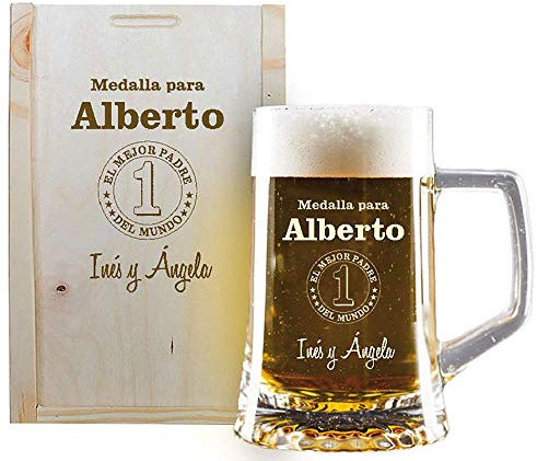 Jarras de cerveza personalizadas para regalar (Jarra de Cerveza para ‘el Mejor Padre del Mundo’ grabada con su Nombre y la dedicatoria Que tú Quieras en Caja de Madera también grabada)