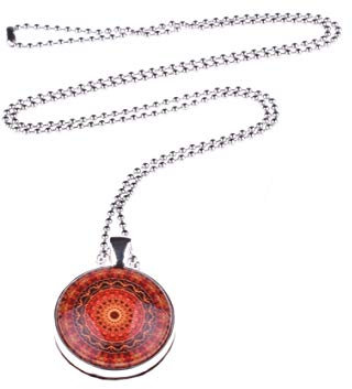 Adi Modeschmuck Kette Soraya, 70cm lange Kugelkette mit einem runden, zweiseitigen 25mm Anhänger mit phantasievoll romantischen Motiven unter Glas Cabochons, handgearbeitet in Berlin (Orange)