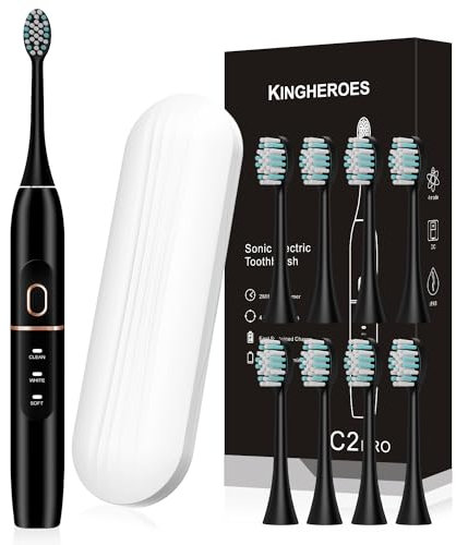 kingheroes Juego de cepillo de dientes eléctrico, viene con 8 cabezales de cepillo y estuche de viaje, 4 modos con temporizador inteligente integrado de 2 minutos, una carga durante 60 días, motor