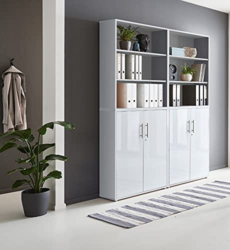 Schrankwand Office Edition abschliessbarer Aktenschrank Büroschrank Büromöbel Regal in Lichtgrau/Weiß Hochglanz (Set 11)