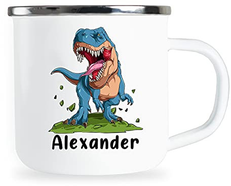 Alex Personalisierte Kindertasse mit Name und lustigem Dinosaurier Motiv Emaille Tasse individuelle Geschenke Kind Geburtstag Junge Mädchen Metallbecher Emailletasse Geschenkidee