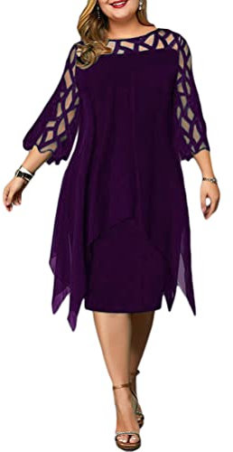 Minetom Femmes Manches 3/4 Lâche Grande Taille Robes Elégante Au Genou Robe de Soirée Cérémonie Cocktail Mariage D Violet 3XL