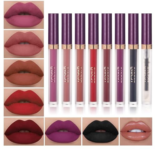 QiBest Set di 7 rossetti liquidi opachi con 1 set di trucco per labbra, nero scuro viola, set di rossetti gotici per Halloween, kit di lucidalabbra impermeabile, pigmentato a lunga durata, per donne e