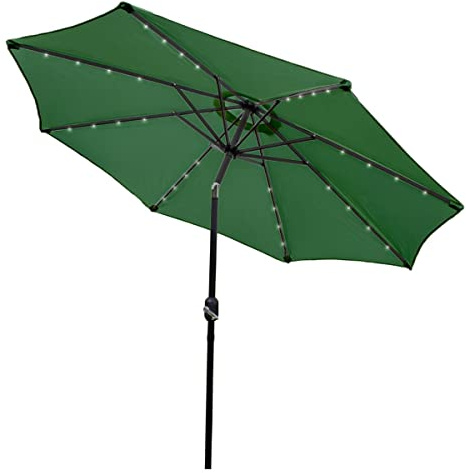 LED Tilt Parasol 2.7m Green Umbrella Garden Sun Shade Canopy Patio Outdoor 360 Rotation UV Protection Winding Crank Adjustable 32 Solar Power Cool White Lights 5.5kg FREE Waterproof Rain Cover