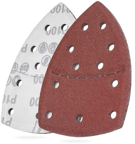 YoiYee 100 Grit Sanding Sheet Set, Mouse Detail Sander Sandpaper, Delta Triangular Sand Paper Pad, Hook and Loop Fastening, 11 Holes, Accessories for Multi-Sander, Red, 10 Pack