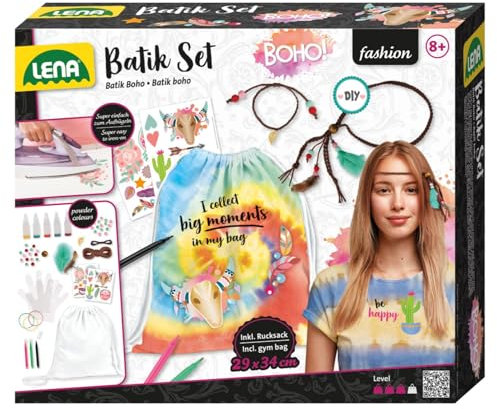 Lena 42608 Bastelset Batik Boho, DIY Rucksack, Komplettset mit Leinenrucksack 29 x 34 cm, 5 Batikfarben, 3 Textilstifte, Bügelfolien, Haarperlen und Flecht-Haarband für Kinder ab 8 Jahre, Mittel