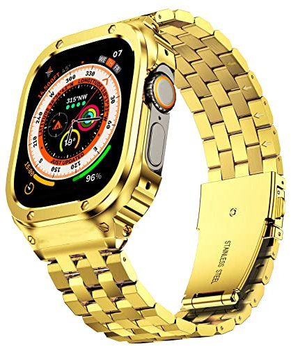 SUPLINK Funda de acero inoxidable con correa compatible con Apple Watch Ultra 2 bandas/Apple Watch Ultra Bands, dorada, cubierta protectora de metal resistente para iWatch Band para hombres, 49 mm