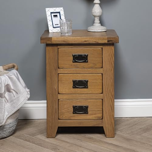 Elm home and garden Oak 3 Three Drawer Bedside Cabinet Night Stand Side Table Fully Assembled 62 cm high x 47 cm Wide x 37 cm Deep