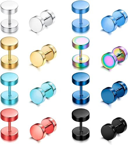 Diamday 8Paare Ohrstecker Edelstahl Für Herren Damen Fake Plugs Ohr Piercing Ohrringe Runde Tunnel Schraube Barbell Ohrstecker Punk Rock Creolen Ohrschmuck Regenbogen Schraubverschluss Ohrringe 8MM