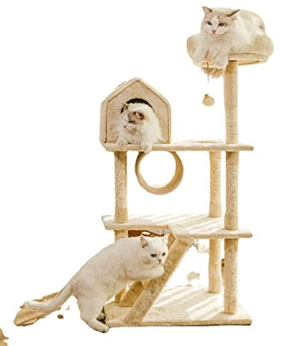 WLONK Giant Cat Tree XXL Cat Tree Climbing Activity Center with Kennel and Platform, Sisal Scratching Board, Hanging Ball, Height 110 cm, Beige