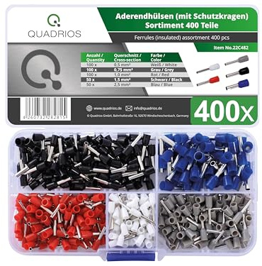 QUADRIOS | 400 isolierte Aderendhülsen Set | Teilisolierte Aderendhülsen | Optimale Verarbeitung mit einer Crimpzange für Aderhülsen