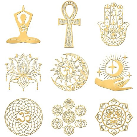 OLYCRAFT 9 Stück 4x4cm Heilige Geometrie Aufkleber Mandala Selbstklebende Goldaufkleber Yoga Mond Stern Metall Goldaufkleber Für Sammelalben DIY Harz Handwerk Telefon Wasserflasche Dekor