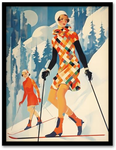 Wee Blue Coo Klosters Chic Fashion Skier Women Going Down Slopes Orange Blue Bright Retro Oil Painting Artwork Framed Wall Art Print 18X24 Inch