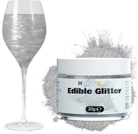 HOMY ARTY Paillettes Comestibles, Poudres Alimentaire Patisserie, Paillettes Alimentaires Comestibles pour Boissons, Gâteau, Chocolat, Bonbons, Cocktail, 20g- Gris Argenté Couleurs