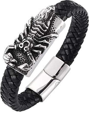 Wycian Armband Schwarz Unisex, Armbänder Herren Skorpion Magnetschnalle Geflochtenes Lederarmband 20.5CM Rostfreier Stahl für Männer Frauen