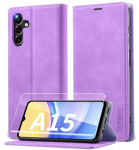 Lanhiem Cover per Samsung Galaxy A15 5G/4G con Vetro Temperato, RFID Blocker, Flip Libro Pelle Premium, Wallet Case con Porta Carte, Portafoglio Magnetica, Custodia per Samsung A15 5G/4G,Viola