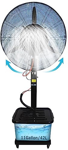 Ventilatore da Terra con nebulizzazione, Ventilatore nebulizzante oscillante a 90°, impostazione a 3 velocità, Serbatoio di Grande capacità da 11 galloni, Ventilatore Industriale a piedistallo per