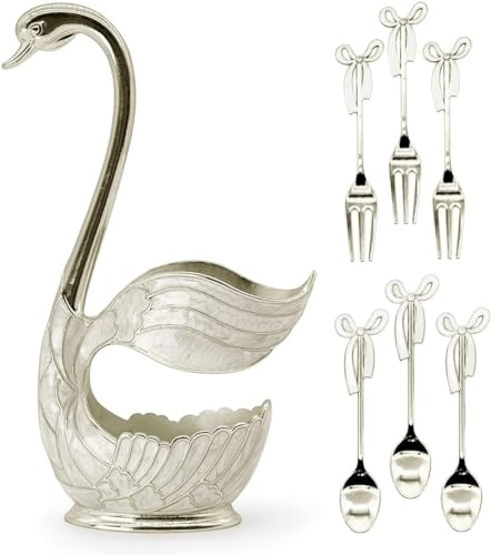 Juego de 6 cucharas de café, juego de cucharas de postre con soporte inferior de cisne decorativo, juego de cucharas de acero inoxidable para helado/pastel(3 cucharas y 3 tenedores plateados)
