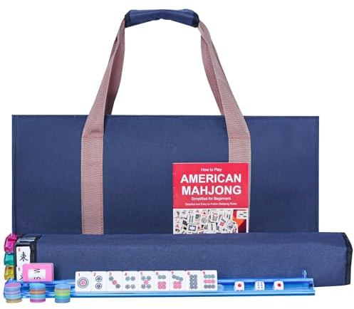 GUSTARIA American Mahjong Game Set, 166 Premium White Tiles, 4 All-in-One Color Rack/Pushers, Complete Mahjong Set Blue Carrying Bag
