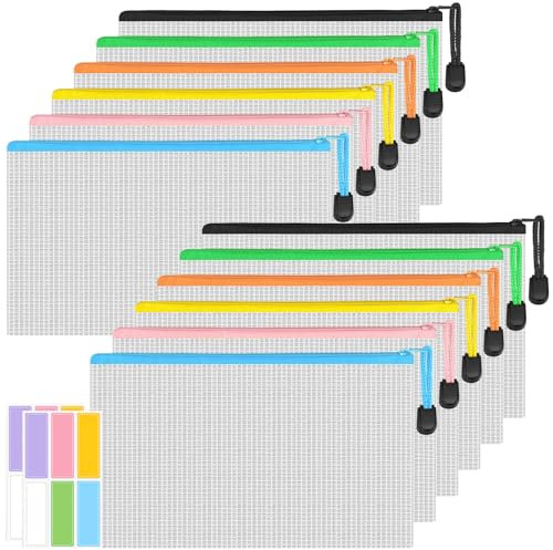 A4 Zip Wallets,12 Pack Strong Plastic Zip Folders Waterproof Puzzle Bags, Mesh Pencil Pouch Zipper File Bags with Secure Zippers for Office School Home Bills Cosmetics Travel Storage, 2pcs/6 Colors