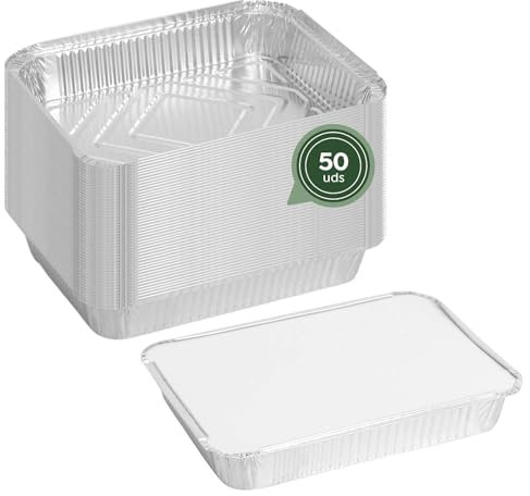 MAXI PRODUCTS - 50 Bandeja de Aluminio con Tapa Rectangular de 1100 cc- Envase comida para llevar - Recipiente Aluminio - 23,5 x 17,5 x 4 cm - Bandejas Práctica y Apilable - APTO HORNO Y CONGELADOR