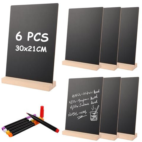 CYEER 6 Stück A4 Schiefertafel zum Beschriften 30x21CM, Kreidetafel Aufsteller, Doppelseitige kreidetafel mit Holzsockel Holz Aufsteller für Preisschilder Buffettisch Geburtstag Hochzeit Party Event