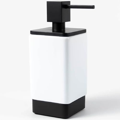 Pebble Grey™ Elemental Ceramic Soap Dispenser for Bathrooms, Square Lotion & Handwash Dispenser Bottle with Pump, Padded Bottom, Freestanding (Matte Black)