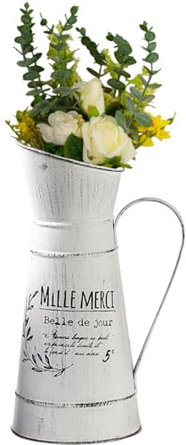 LOSYHU Shabby Chic Vintage Vase, French Farmhouse Style Galvanized Flower Vases Rustic Pitcher Vase Flower Bucket Metal Jug Vase for Garden Planter Home Decoration